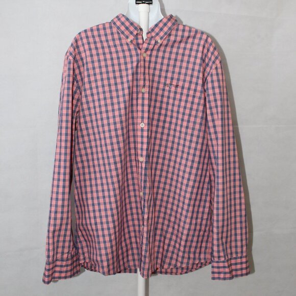 Greg Norman Men’s Long Sleeve Button Down Shirt Pink Navy Plaid Striped Size XL - Picture 1 of 8